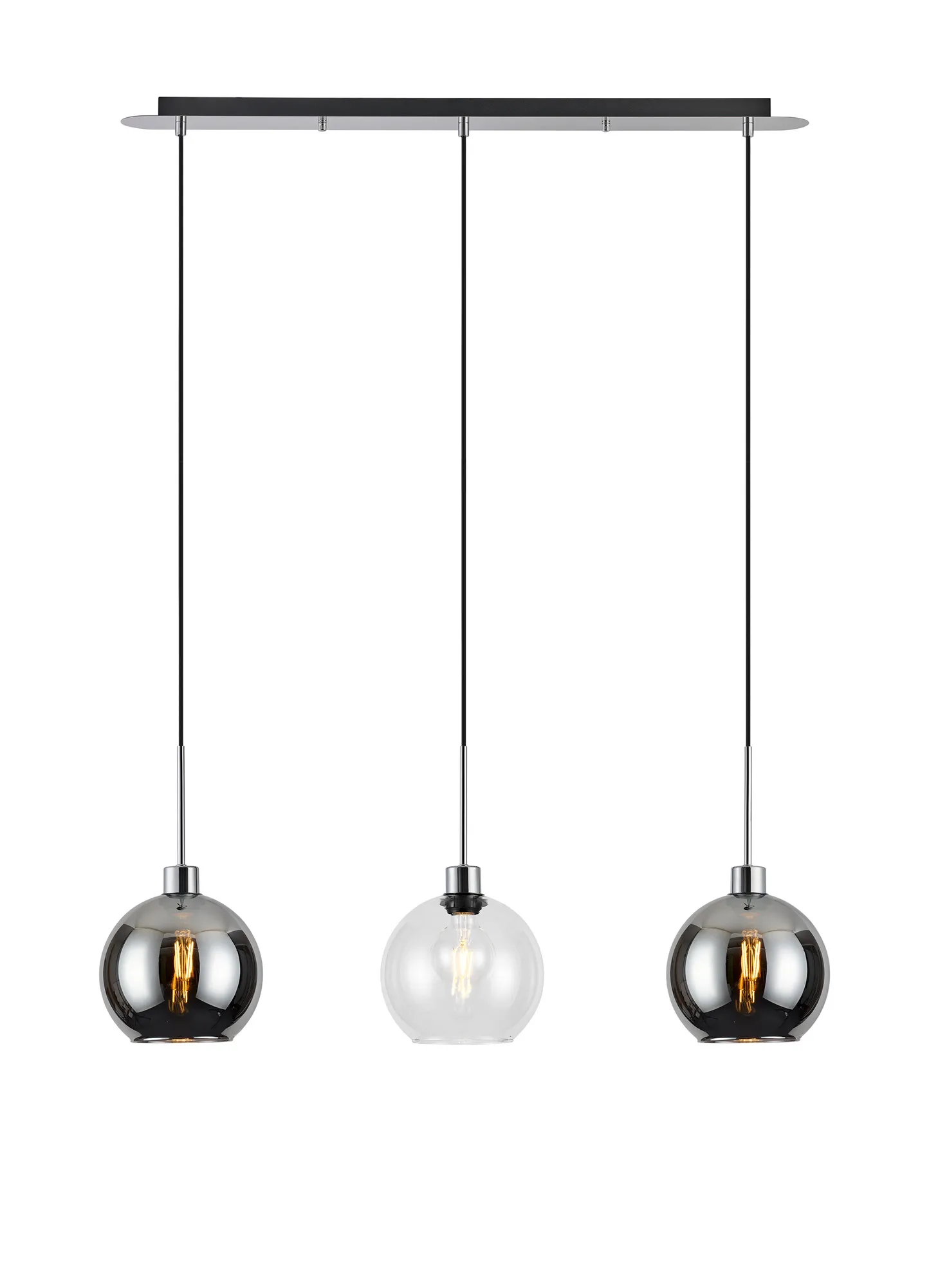 DK1306  Lori Linear Pendant, 3 Light Adjustable E27, Polished Chrome/Clear/Smoke Open Mouth Round Globe Shades
